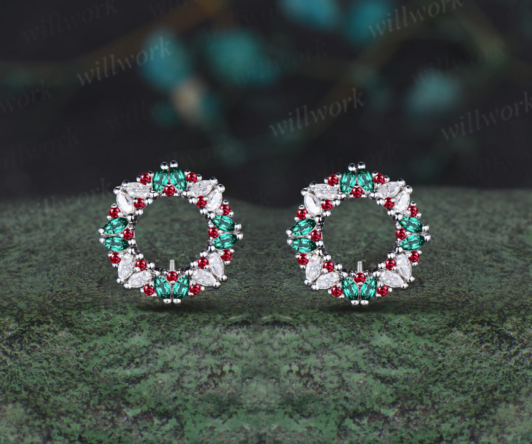 Marquise Emerald Moissanite Wreath Earrings Stud Ruby Earrings Christmas Gift For Her