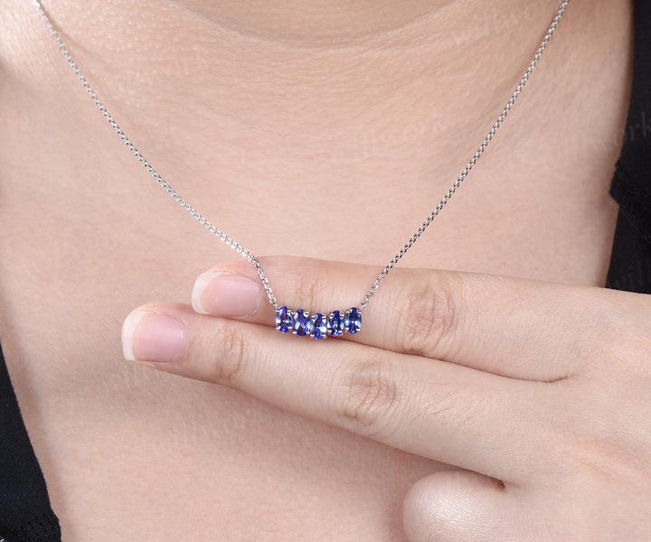 Five stone oval natural Tanzanite necklace solid 14k white gold Pendant For Women Anniversary Gifts