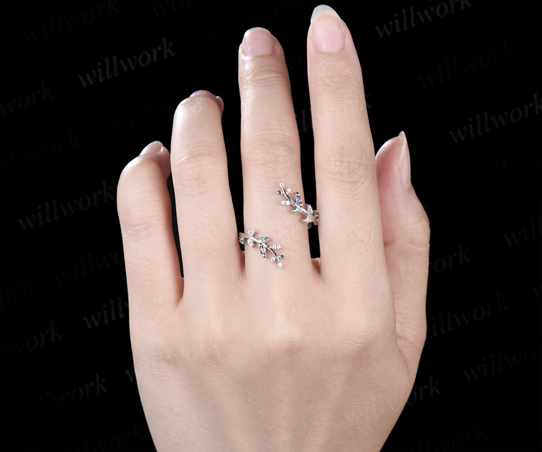 Cluster wedding band enhancer wraps white gold Emerald alexandrite ring double open gap diamond ring women