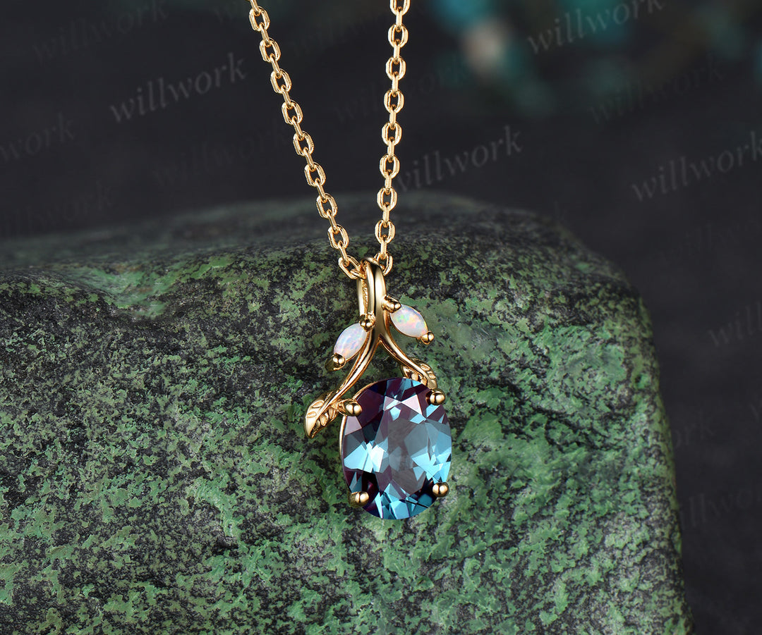 Oval cut alexandrite Necklace 14k yellow gold three stone opal leaf Nature Inspired Pendant antique anniversary gift jewelry