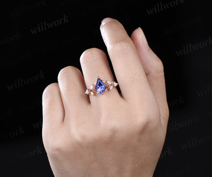 Kite cut natural Tanzanite engagement ring solid 14k 18k rose gold leaf nature inspired opal promise anniversary ring women