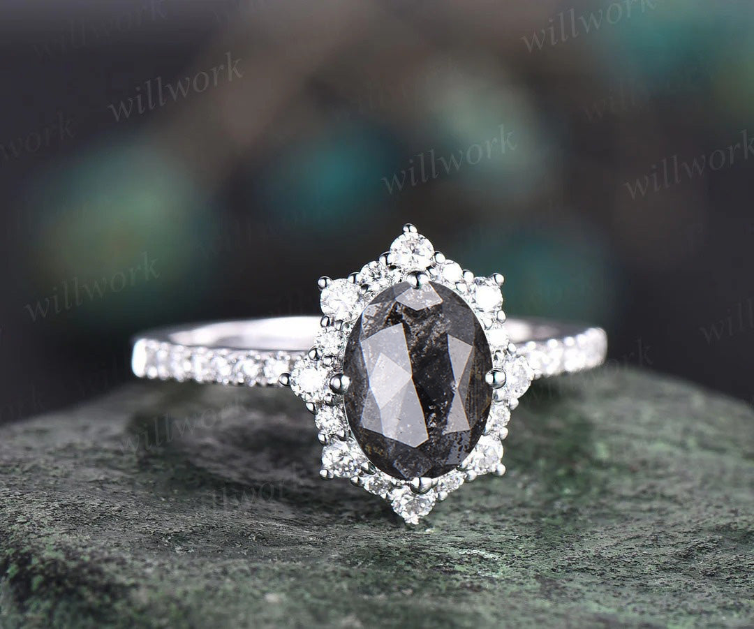 Oval cut salt and pepper diamond engagement ring diamond halo unique wedding ring set for women