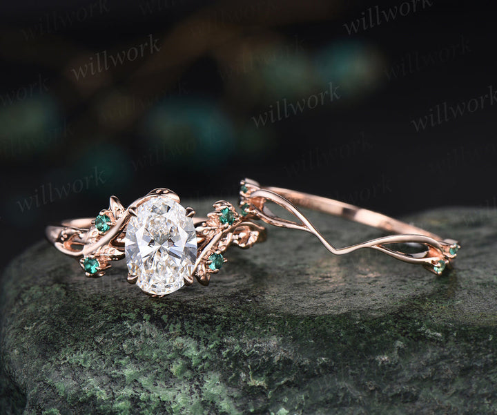 Oval Cut Lab Grown Diamond Engagement Ring Set Twig Leaf Ring Art Deco Emerald Wedding Bridal Set