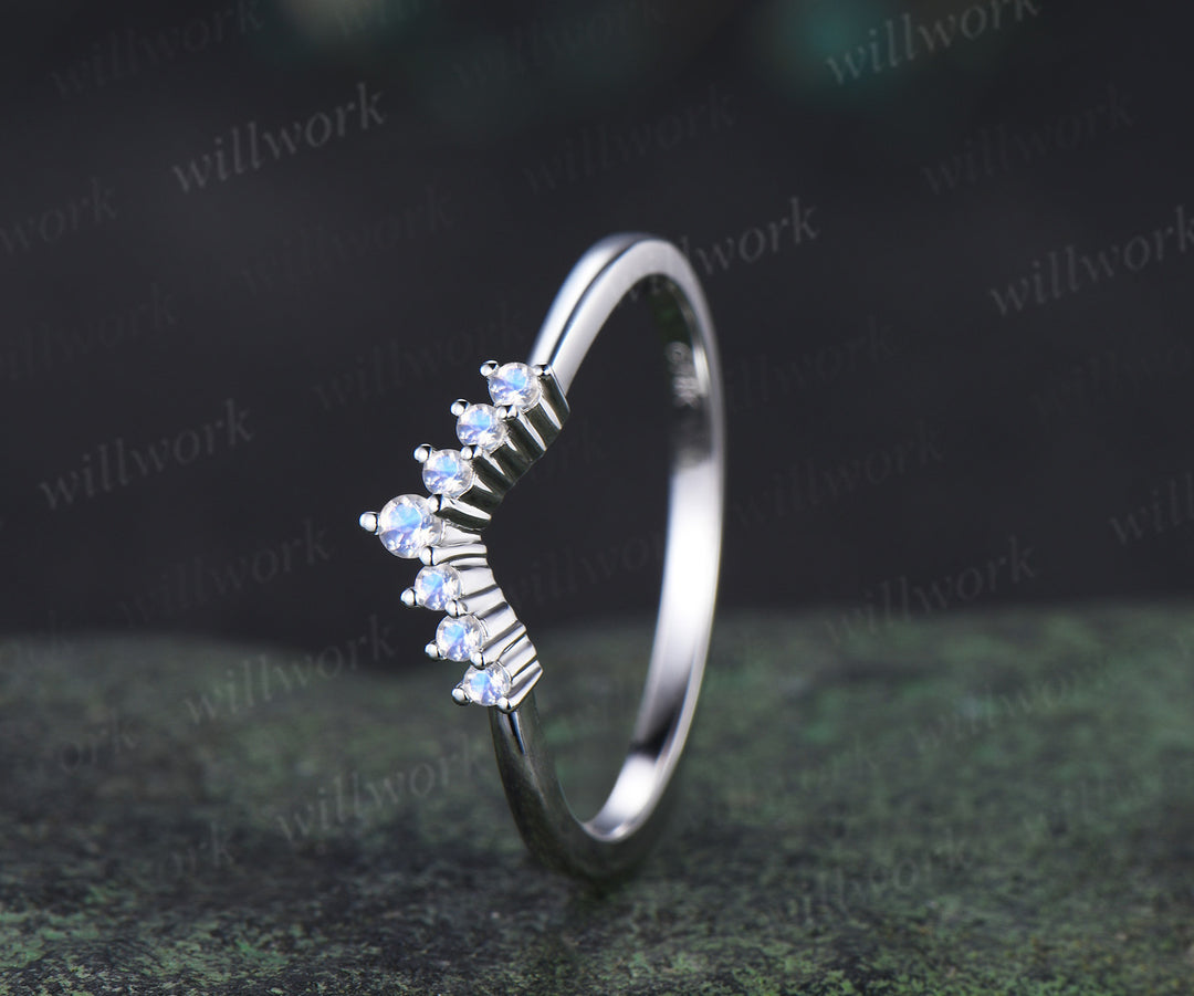 Moonstone wedding band dainty curved blue gemstone stackable ring silver white gold matching band gifts for women