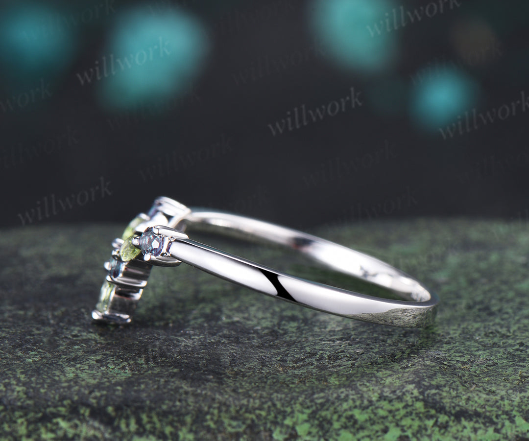 Curved V shaped wedding band unique marquise peridot round alexandrite stacking ring birthstone ring