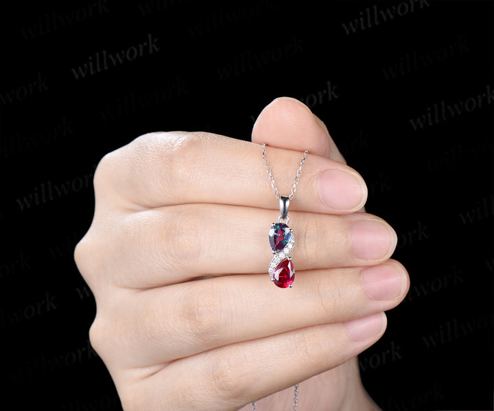 Pear Alexandrite Ruby Two Birthstone Stone Necklace Toi et Moi Pendant Moissanite Accents Infinity Necklace