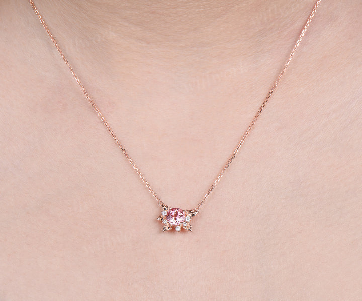 Round Padparadscha pink sapphire necklace 14k rose gold maple leaf diamond pendant women anniversary gift jewelry