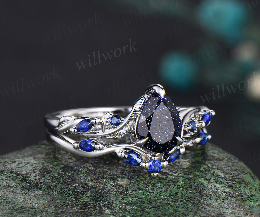 Nature Inspired Pear Galaxy Blue Sandstone sapphire Bridal Set white gold Unique Twig Vine Teardrop Blue Goldstone Engagement Ring Ring Set