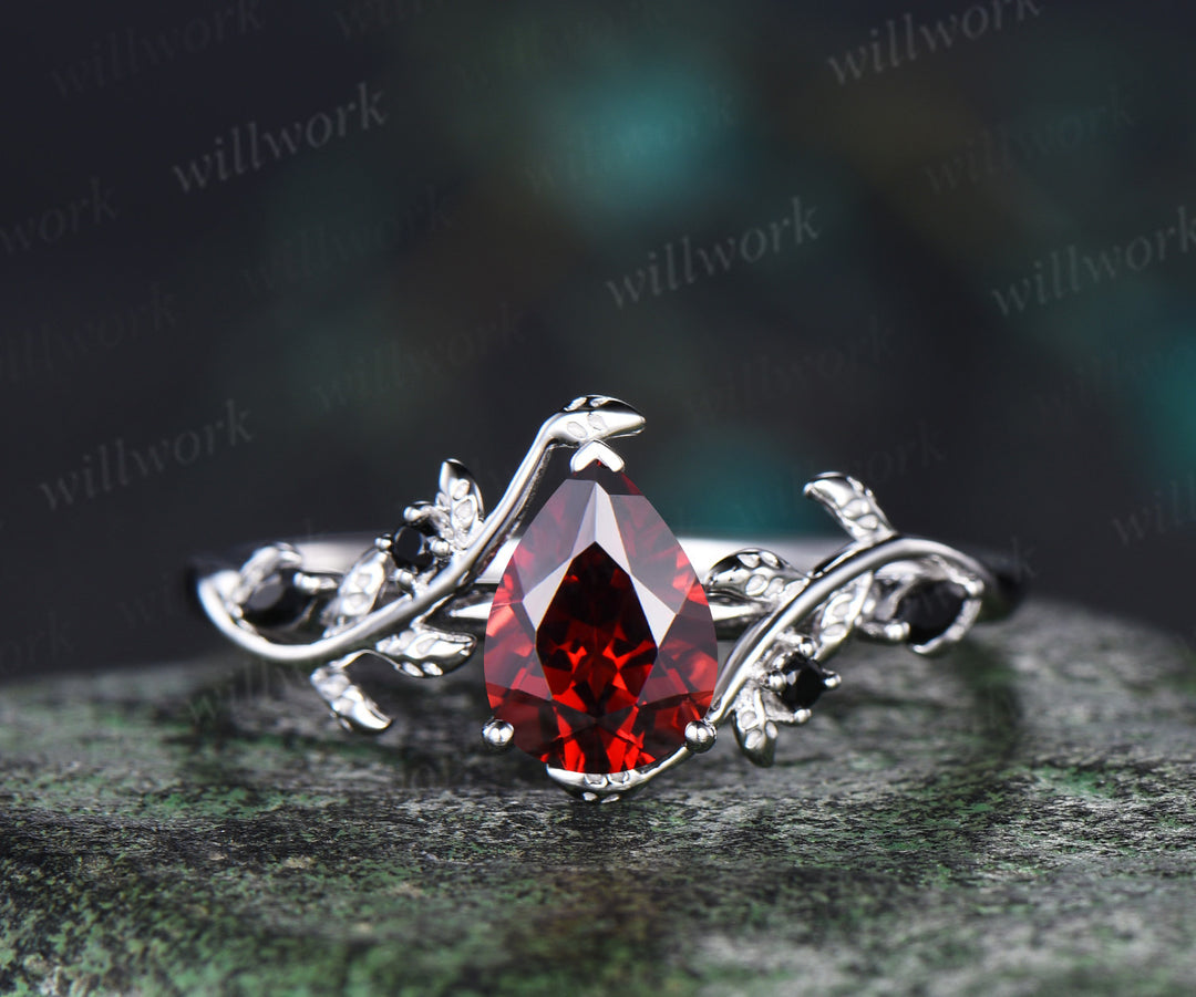 Pear shaped red garnet engagement ring set solid 14k white gold antique black spinel leaf ring set women branch bridal set