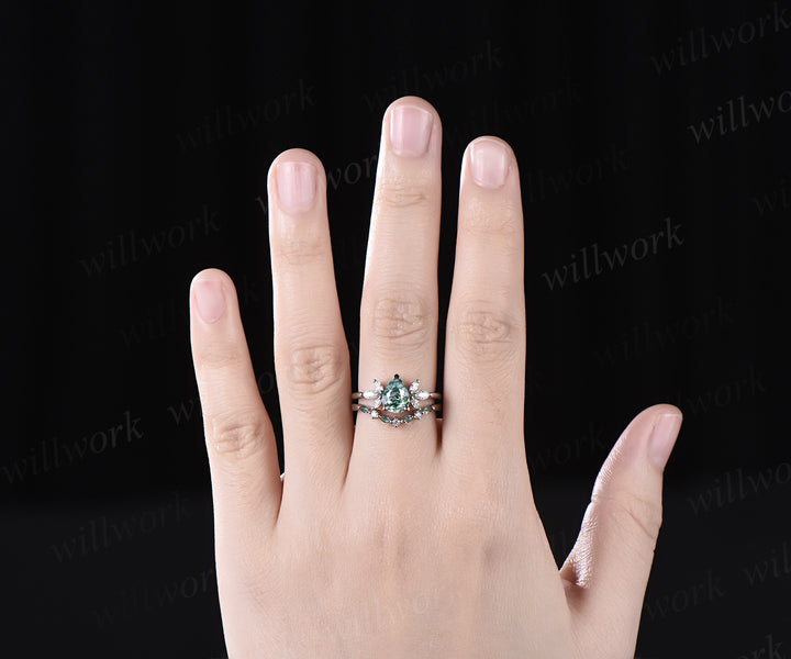 Pear Cut Natural Green Moss Agate Engagement Ring Set Moissanite Cluster Seven Stone Ring 14k Rose Gold Green Gemstone 2pcs Bridal Ring Set