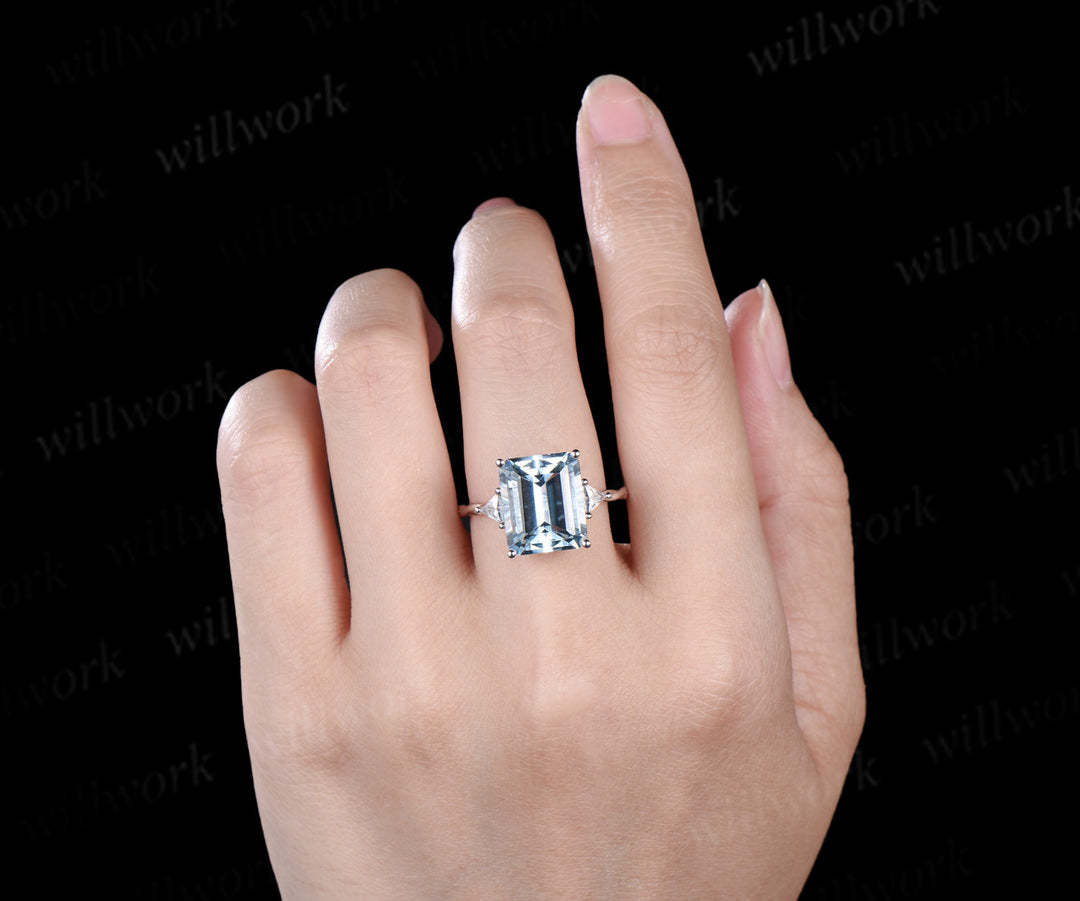 6ct Emerald cut natural aquamarine engagement ring solid 14k white gold three stone Trilliant cut moissanite promise ring jewelry