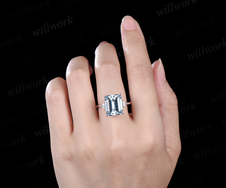 6ct Emerald cut natural aquamarine engagement ring solid 14k white gold three stone Trilliant cut moissanite promise ring jewelry