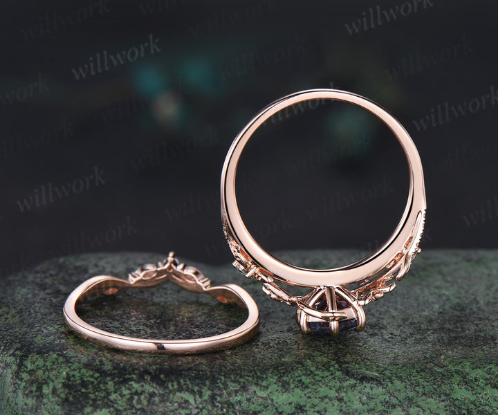 Hexagon cut alexandrite engagement ring set vintage floral diamond ring women 14k rose gold retro branch leaf bridal ring set