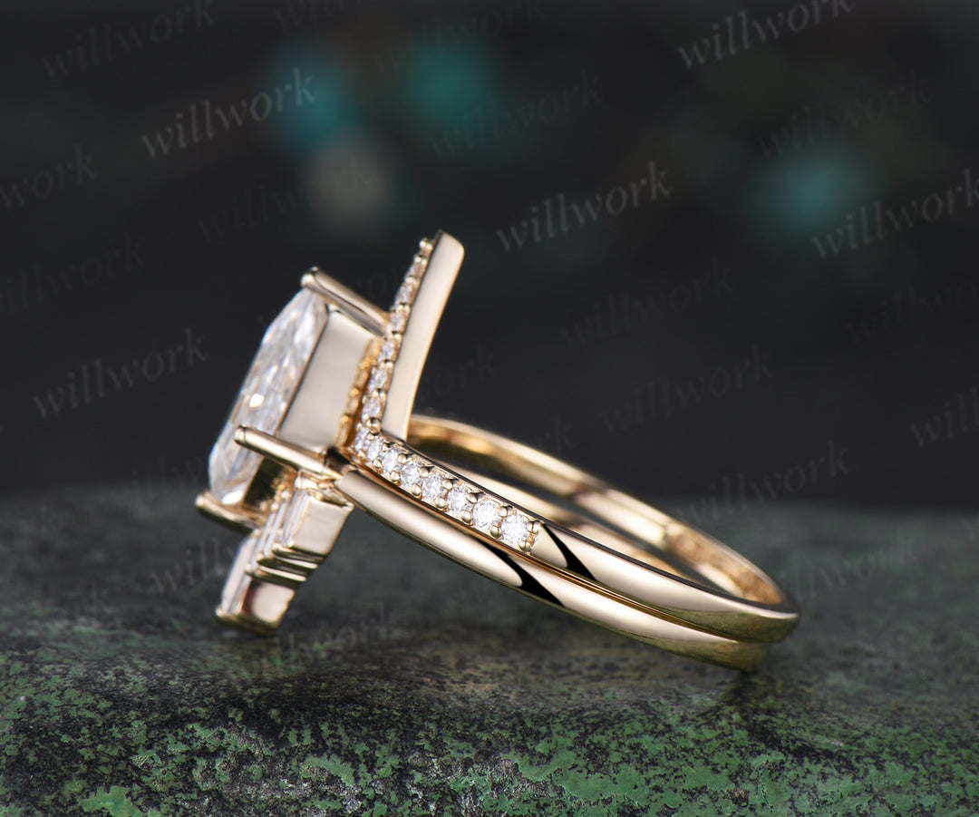 Kite Cut moissanite Engagement Ring set unique promise ring her 14k yellow gold Baguette cut V shaped bridal set women