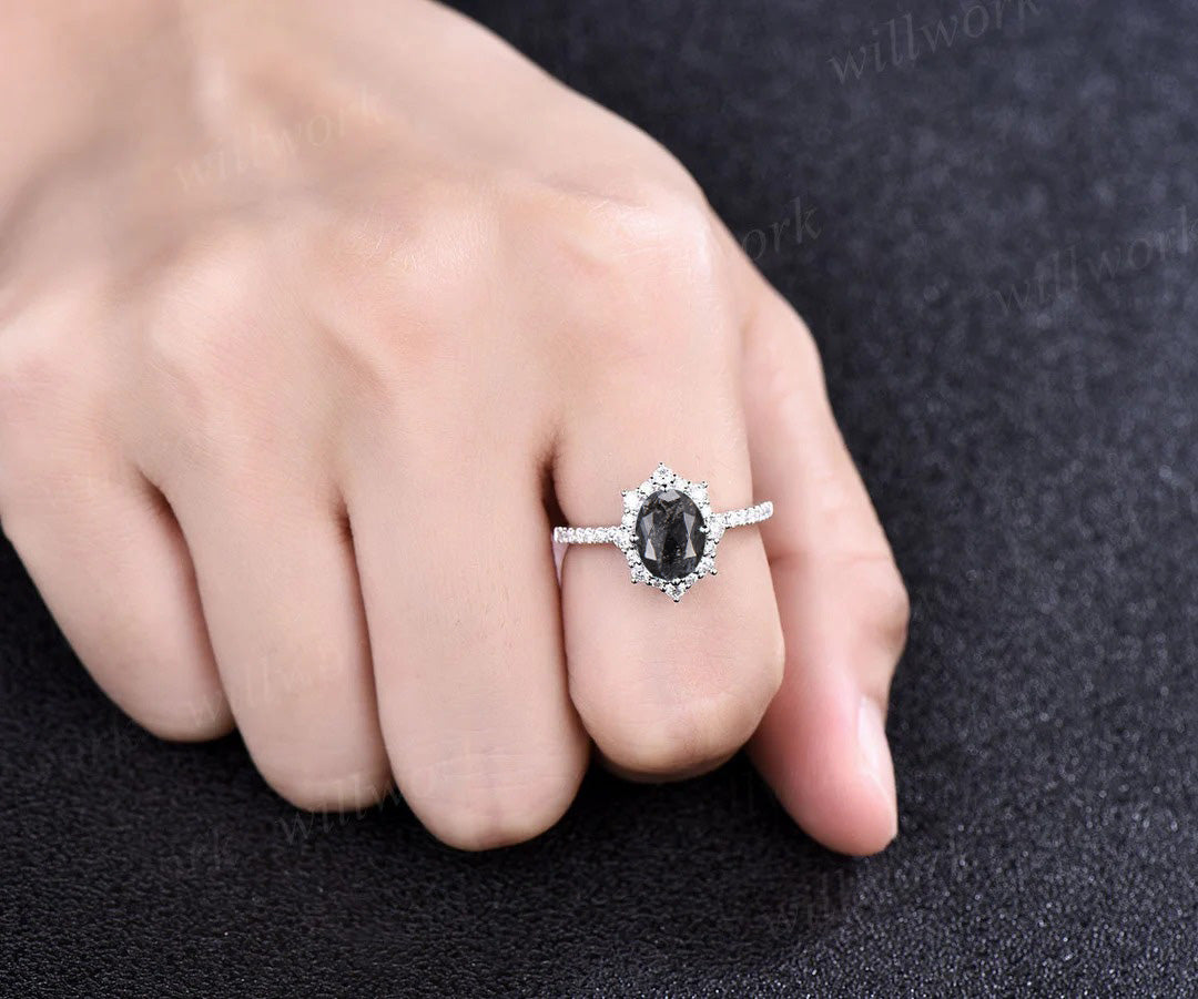 Oval cut salt and pepper diamond engagement ring diamond halo unique wedding ring set for women