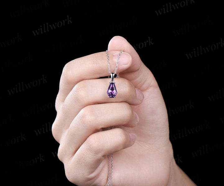 Coffin natural Amethyst necklace solid 14k 18k white gold vintage unique Personalized pendant women her anniversary bridal gift mother