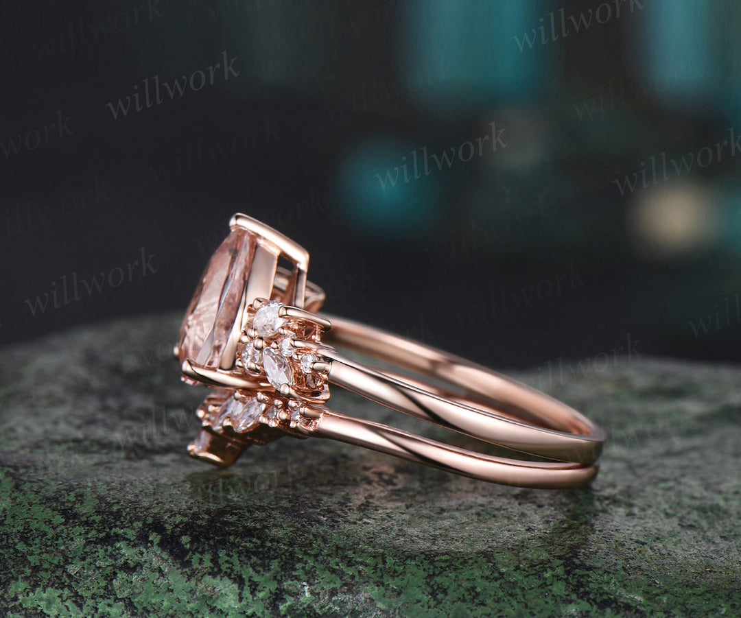 Pear shaped morganite engagement ring set cluster diamond ring solid 14k rose gold unique promise bridal ring set women jewelry