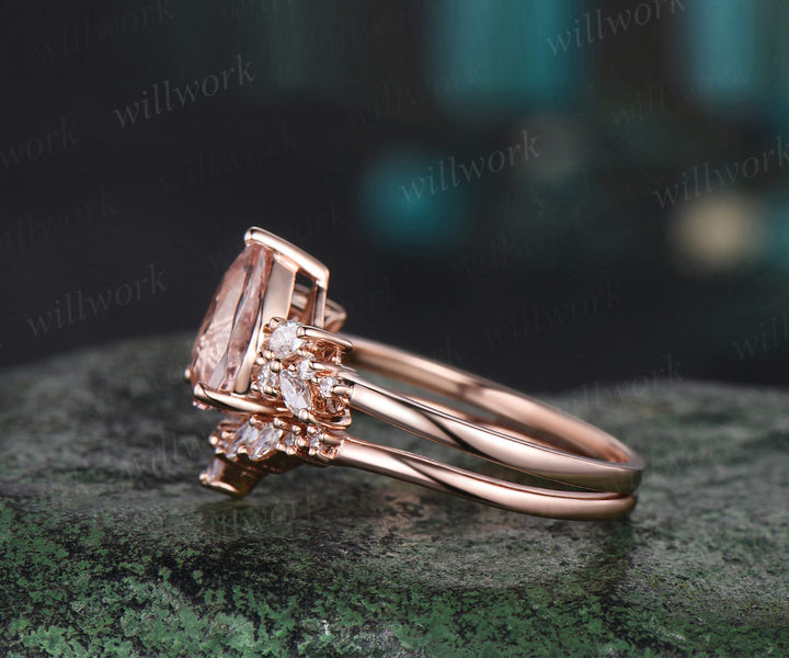 Pear shaped morganite engagement ring set cluster diamond ring solid 14k rose gold unique promise bridal ring set women jewelry