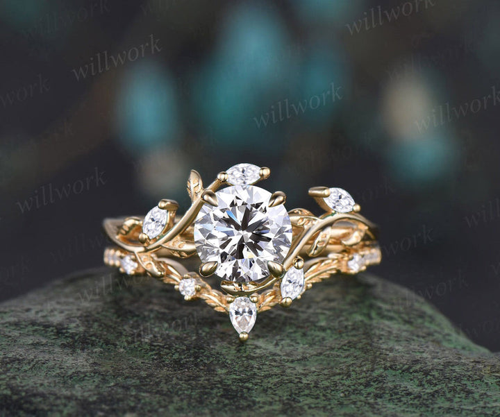 Vintage Round Cut Lab Grown Diamond Engagement Ring Leaf Nature Inspired Promise Ring Set