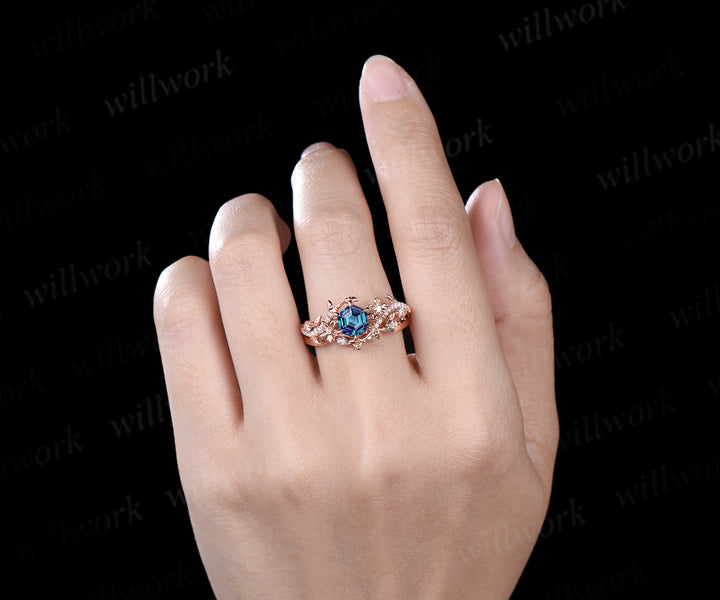 Hexagon cut alexandrite engagement ring set vintage floral diamond ring women 14k rose gold retro branch leaf bridal ring set