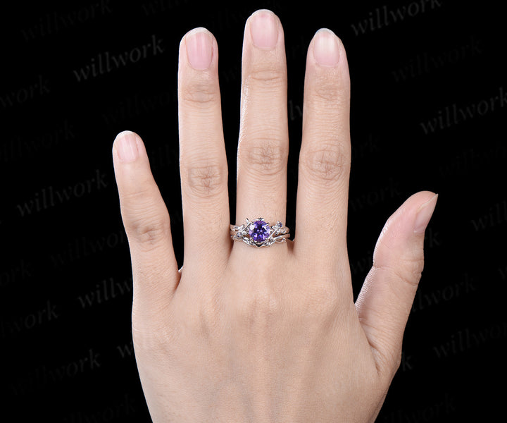 Round cut purple sapphire engagement ring white gold three stone alexandrite nature inspired leaf bridal set women