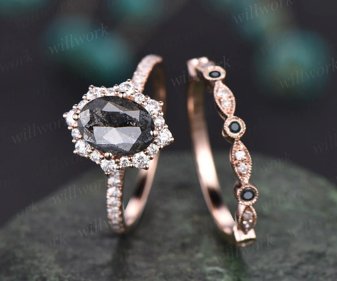 Oval cut salt and pepper diamond engagement ring diamond halo unique wedding ring set for women