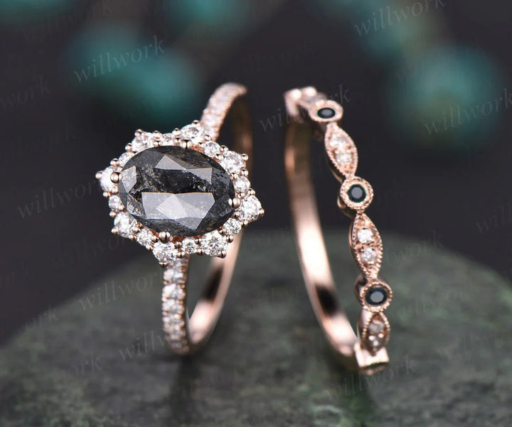 Oval cut salt and pepper diamond engagement ring diamond halo unique wedding ring set for women