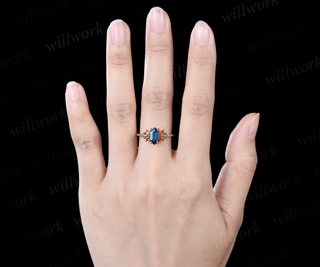 Long hexagon cut London blue topaz engagement ring rose gold cluster citrine ring women kite moss agate anniversary gift