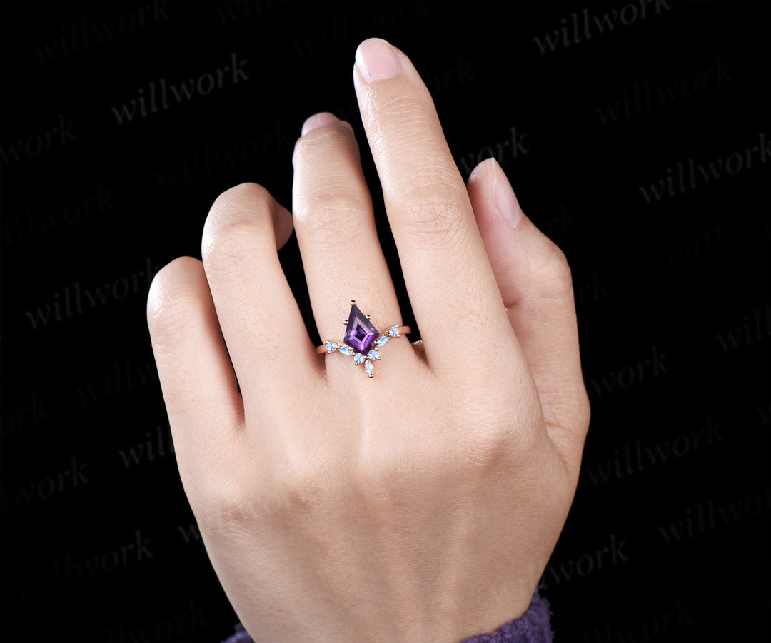 Kite cut purple amethyst engagement ring rose gold 6 prong unique moonstone anniversary promise wedding ring women