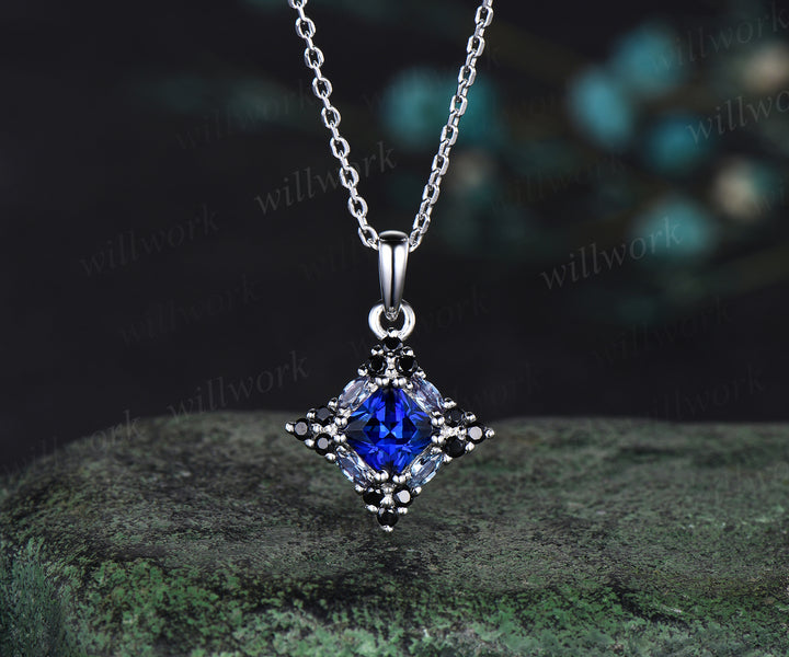 14k white gold unique Princess Cut Blue Sapphire Pendant For Women Anniversary Gifts