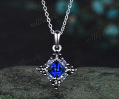 14k white gold unique Princess Cut Blue Sapphire Pendant For Women Anniversary Gifts