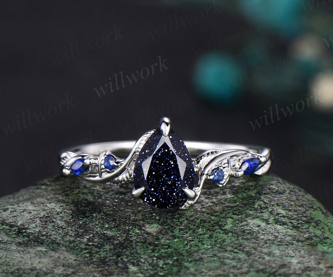 Nature Inspired Pear Galaxy Blue Sandstone sapphire Bridal Set white gold Unique Twig Vine Teardrop Blue Goldstone Engagement Ring Ring Set