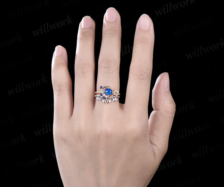 Round blue opal ring gold cluster moon Celtic knot engagement ring set sapphire opal wedding bridal set women