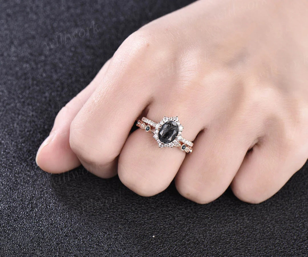 Oval cut salt and pepper diamond engagement ring diamond halo unique wedding ring set for women