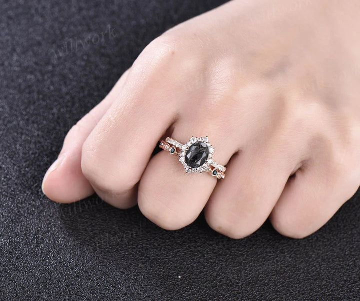 Oval cut salt and pepper diamond engagement ring diamond halo unique wedding ring set for women