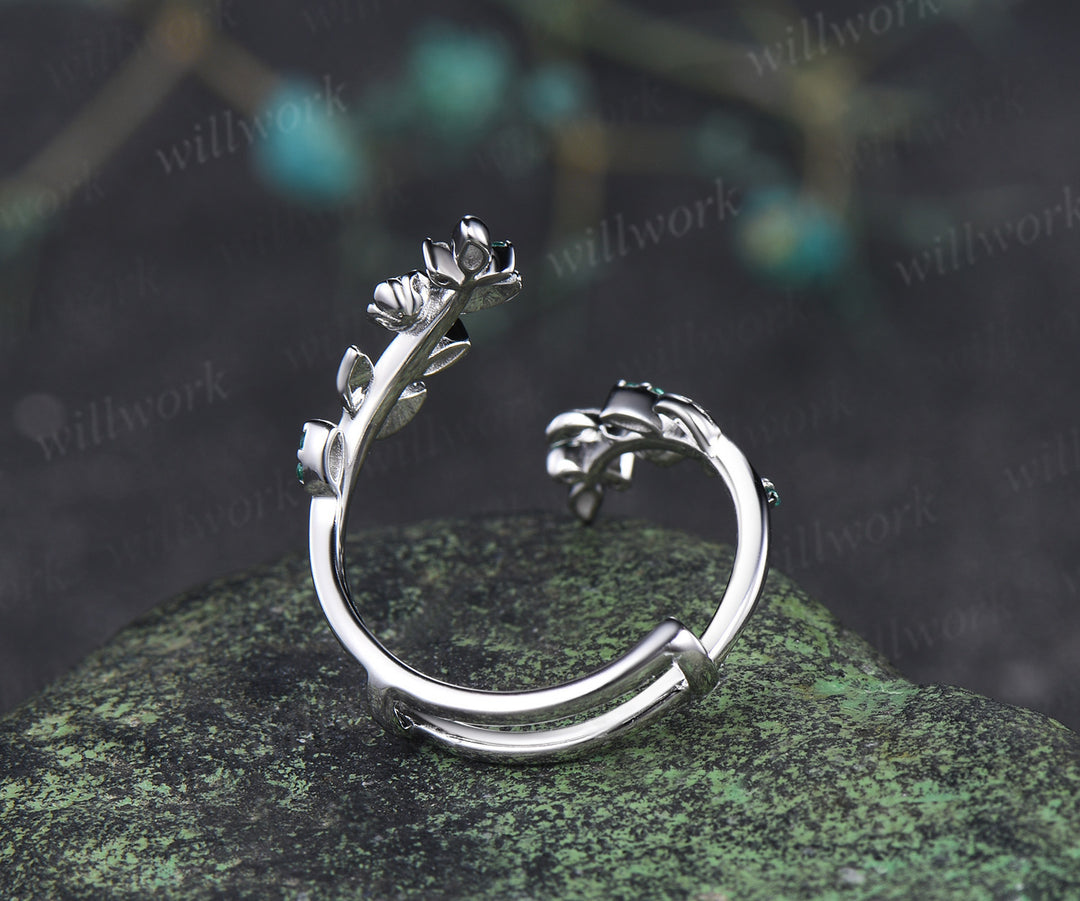 Natural pink tourmaline emerald wedding band floral leaf vine enhancer band stacking ring open gap band