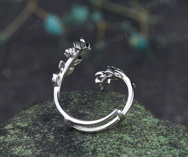 Natural pink tourmaline emerald wedding band floral leaf vine enhancer band stacking ring open gap band