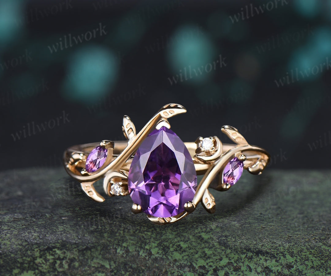 Pear Purple Amethyst Engagement Ring Nature Inspired Branch Leaf Moon Sold Gold Wedding Ring Set