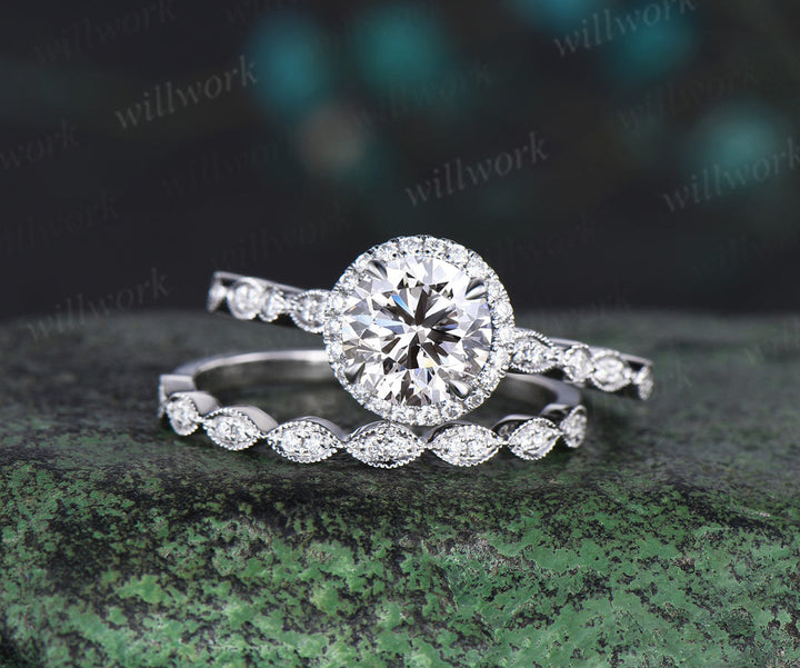 Round Lab Grown Diamond Halo Engagement Ring Set Half Eternity Bridal Wedding Ring Set