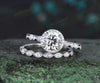 Round Lab Grown Diamond Halo Engagement Ring Set Half Eternity Bridal Wedding Ring Set