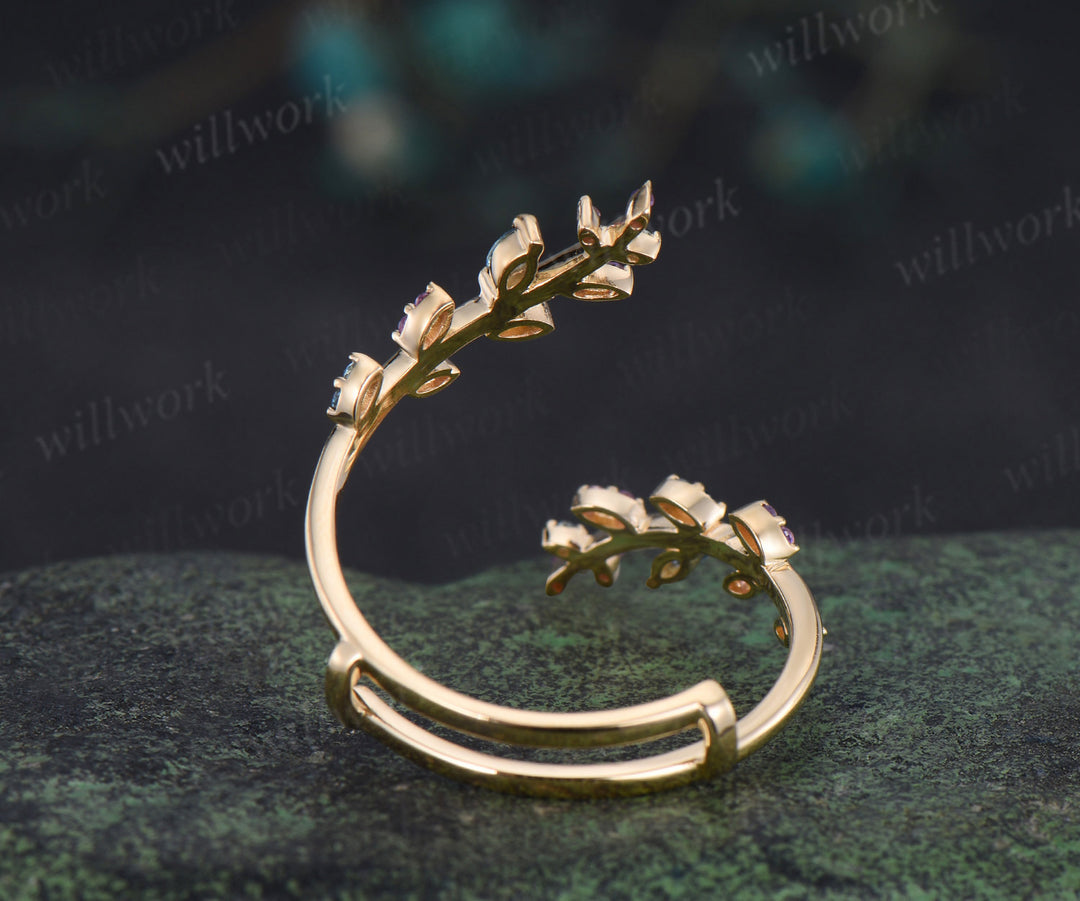 Natural London blue topaz amethyst wedding band enhancer wraps solid 14k yellow gold cluster leaf twig ring open gap band