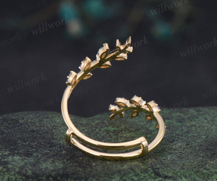Natural London blue topaz amethyst wedding band enhancer wraps solid 14k yellow gold cluster leaf twig ring open gap band