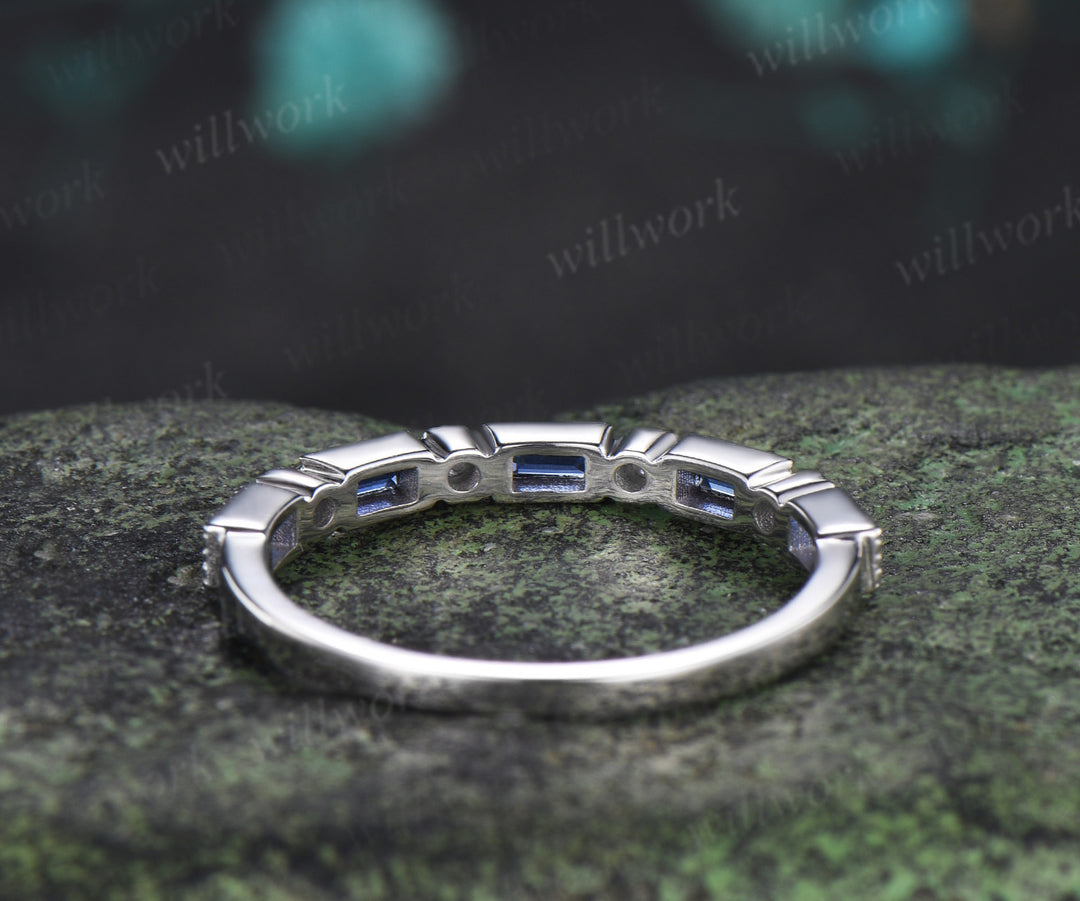 Baguette cut sapphire opal wedding band milgrain half eternity wedding ring band vintage unique stacking ring gifts for her