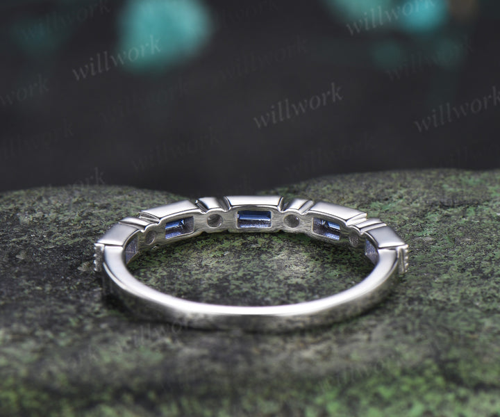 Baguette cut sapphire opal wedding band milgrain half eternity wedding ring band vintage unique stacking ring gifts for her