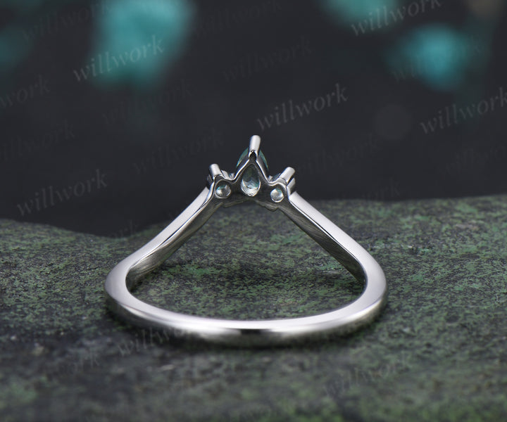Curved green sapphire wedding band vintage three stone stacking ring women matching band