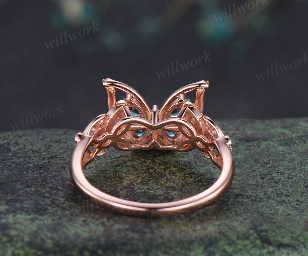 Butterfly alexandrite engagement ring pear cut alexandrite opal moissanite filigree milgrain ring unique nature inspired bridal wedding ring