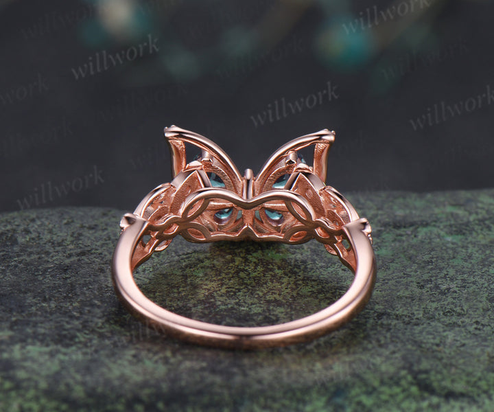 Butterfly alexandrite engagement ring pear cut alexandrite opal moissanite filigree milgrain ring unique nature inspired bridal wedding ring