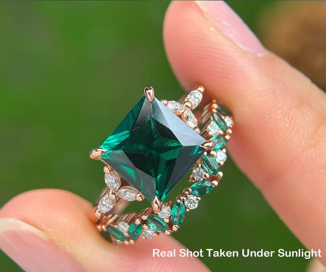 4ct princess cut green emerald engagement ring set solid 14k rose gold stacking marquise emerald wedding ring set women jewelry