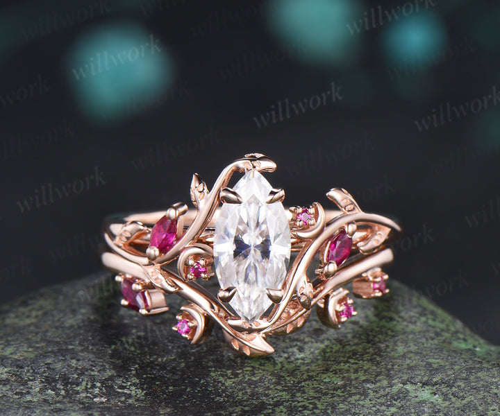Marquise cut moissanite ring set leaf moon twig ring ruby accents nature inspired bridal set