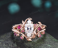 Marquise cut moissanite ring set leaf moon twig ring ruby accents nature inspired bridal set